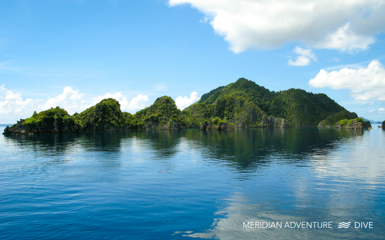 Calm ocean around lush green limestone islands in Raja Ampat under a bright blue sky.