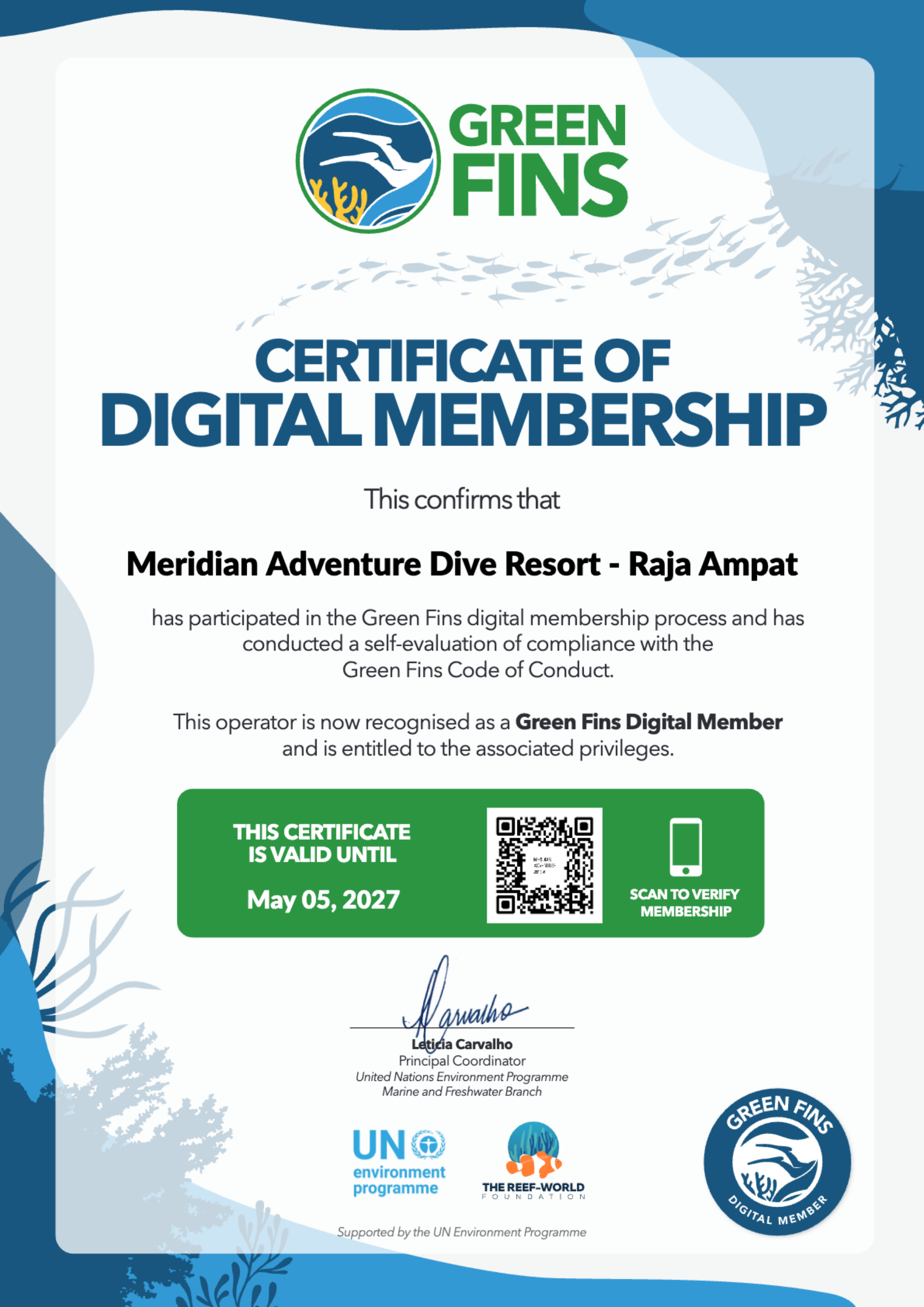 Green Fins Raja Ampat sustainable diving certificate for Meridian Adventure Dive Resort