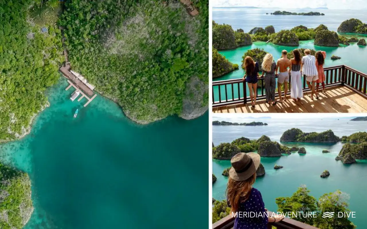 Aerial view of turquoise Raja Ampat lagoon on an island hopping expedition