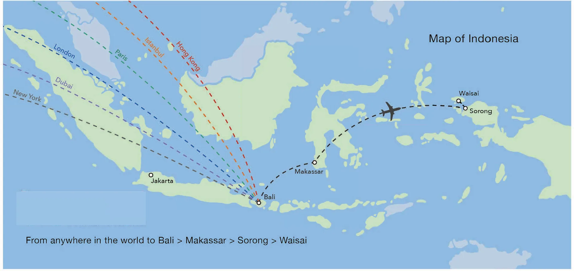 Map showing how to get to Raja Ampat via Bali, Makassar, Sorong and Waisai