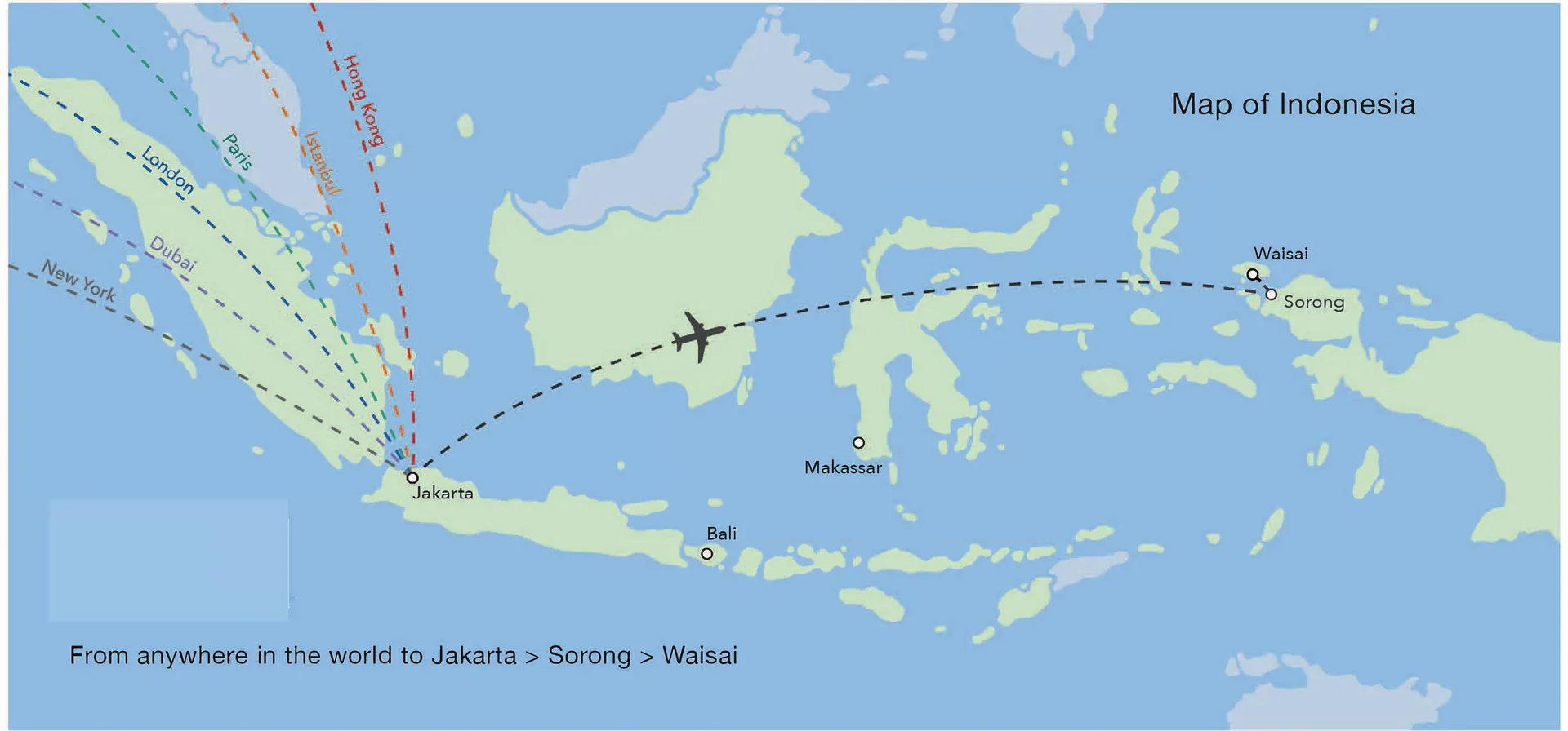 Map showing how to get to Raja Ampat via Jakarta, Sorong and Waisai