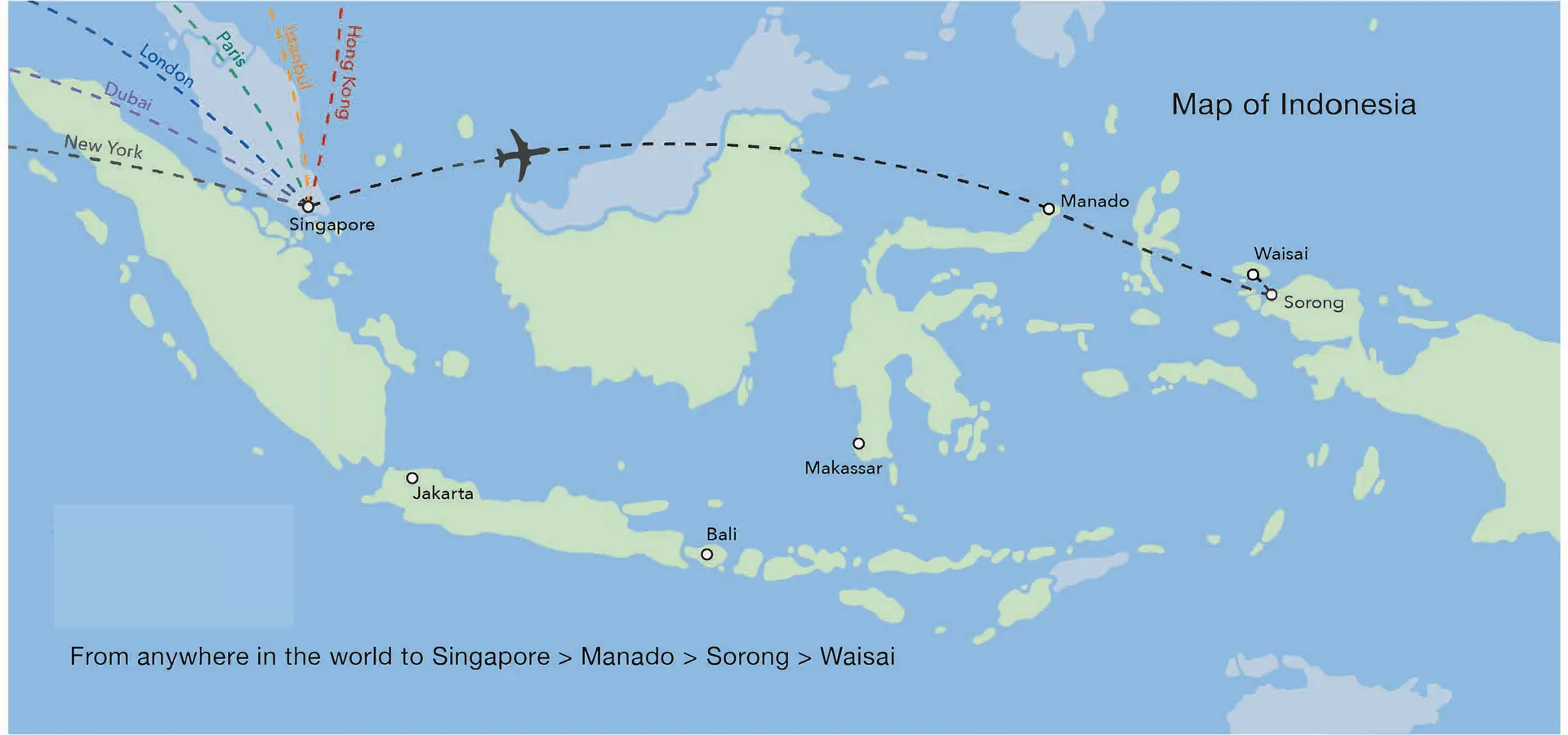 Map showing how to get to Raja Ampat via Singapore, Manado, Sorong and Waisai